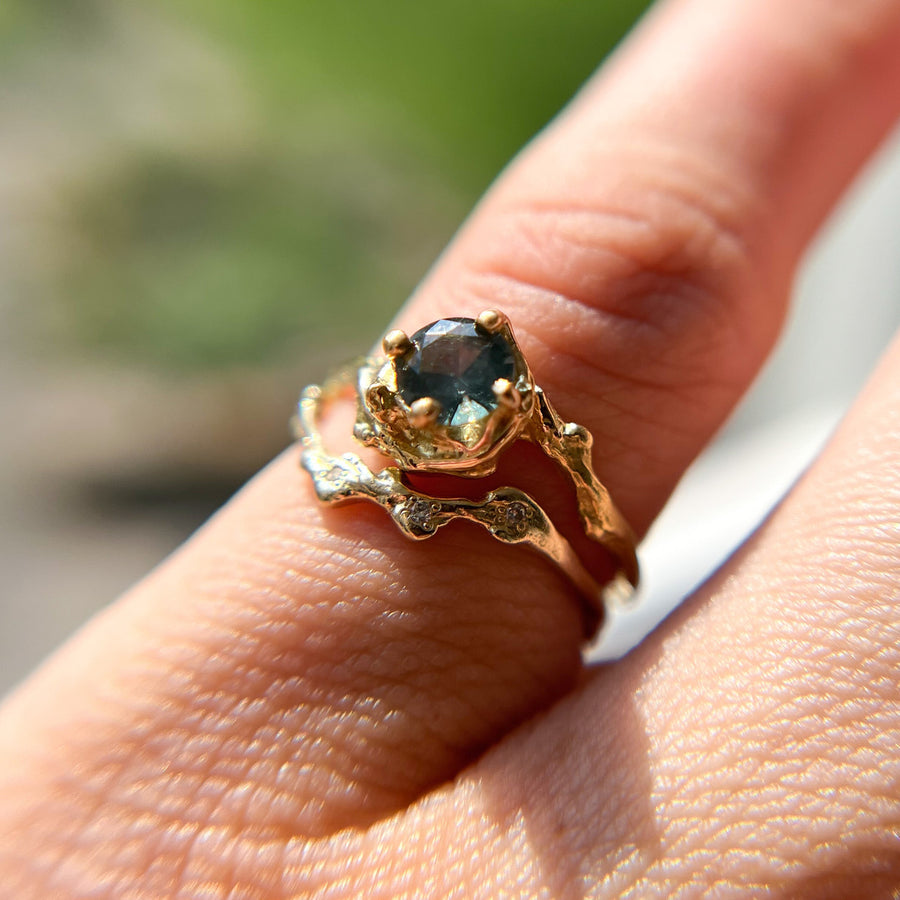 14K Yellow Gold Demi Naples Dark Teal Montana Sapphire Solitaire Ring and Naples Diamond Contour Ring