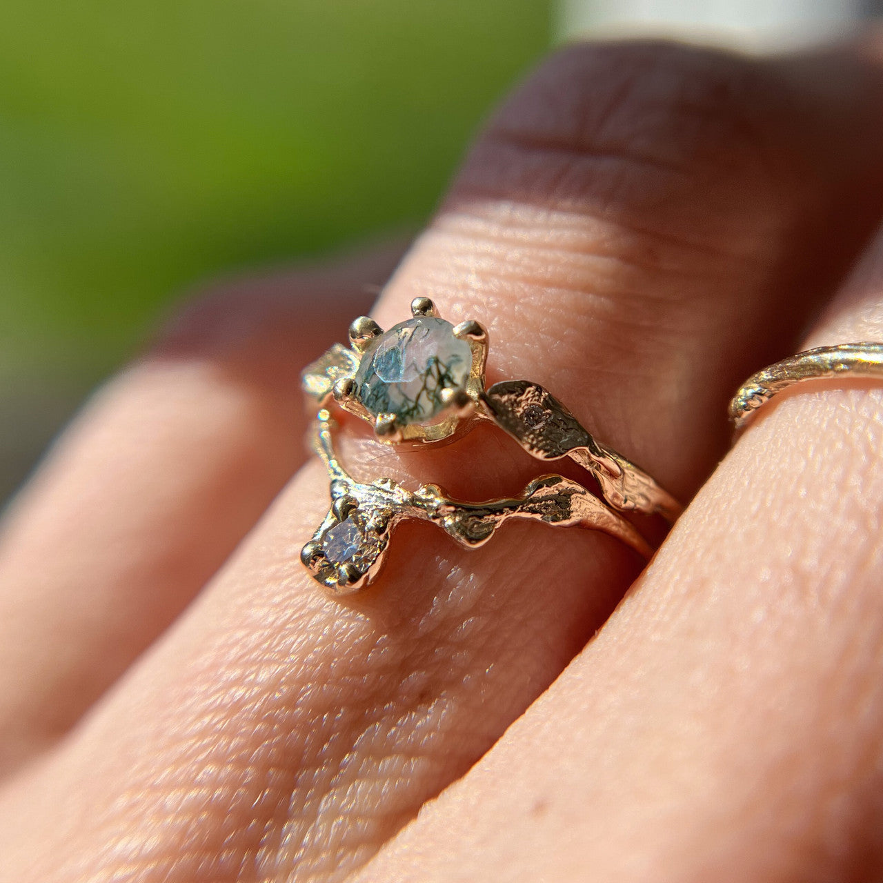 Platinum Flora Moss Agate Solitaire Ring and Naples Diamond Crown Contour Ring