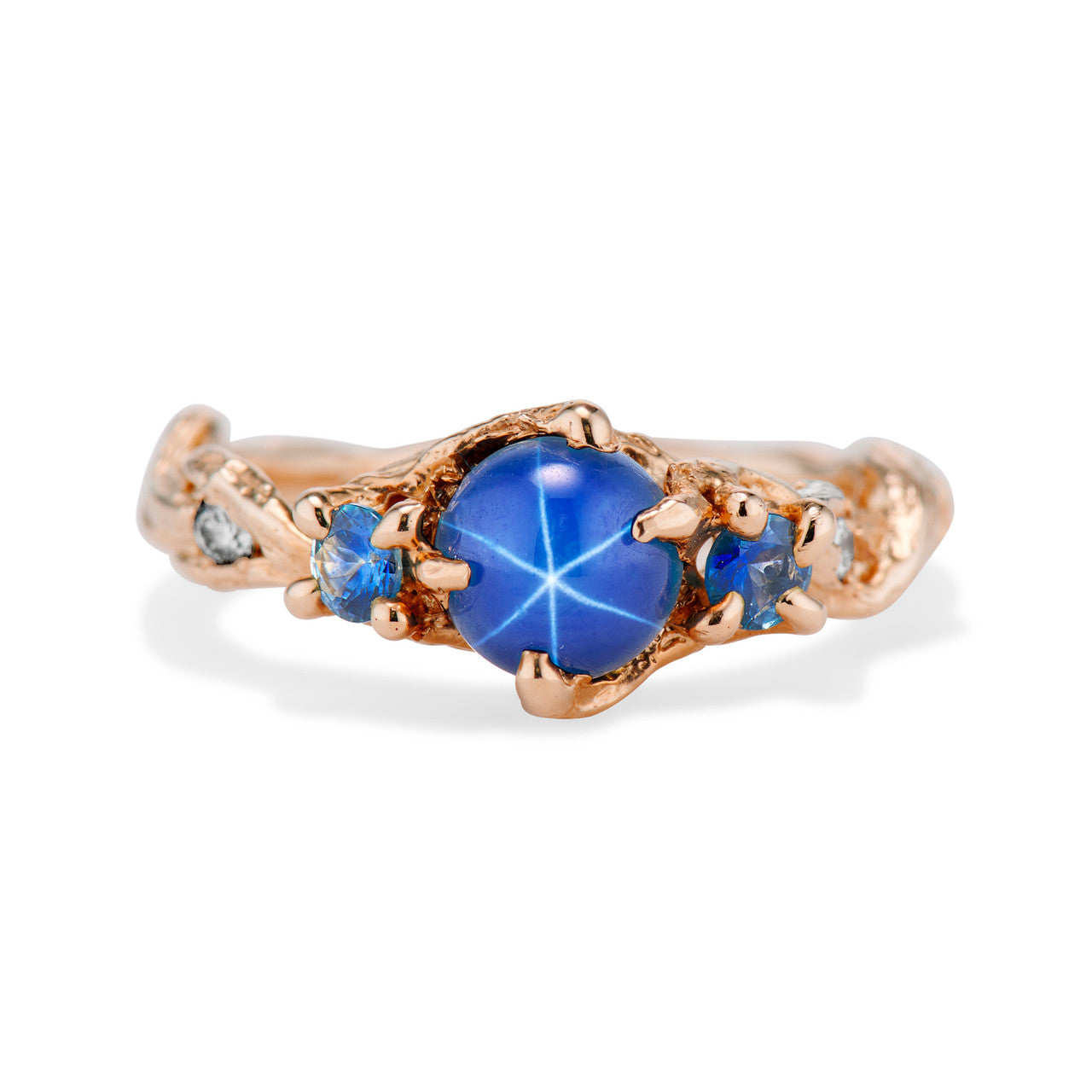 14K Rose Gold Woodland Star Sapphire Three Stone Ring by Olivia Ewing Jewelry