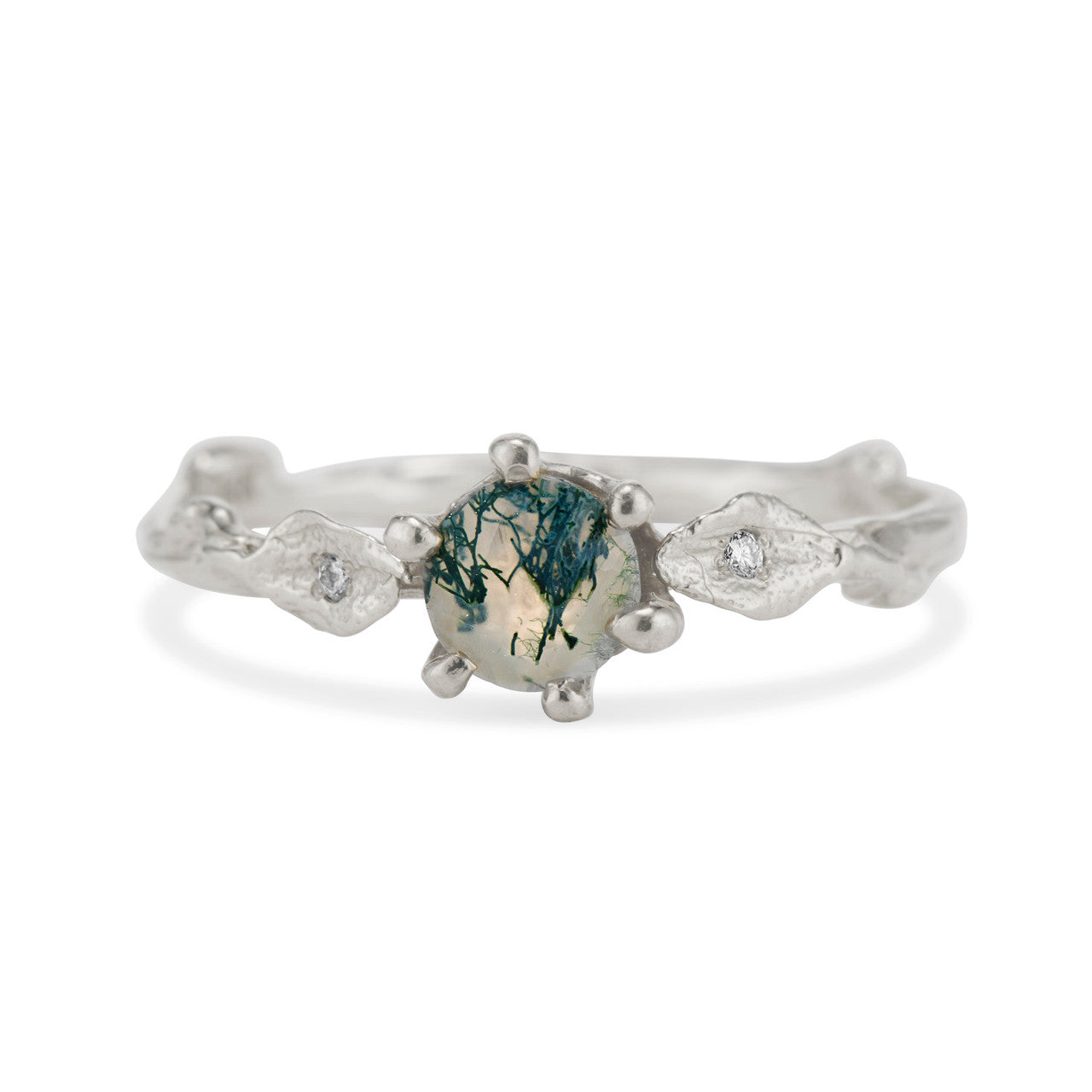 Platinum Flora Moss Agate Solitaire Ring by Olivia Ewing Jewelry