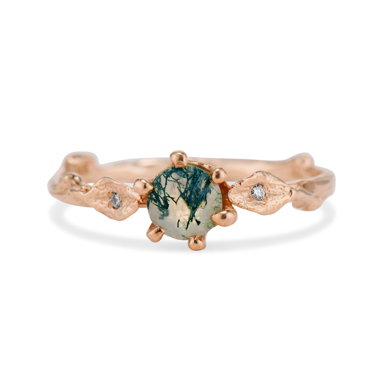 14K Rose Gold Flora Moss Agate Solitaire Ring by Olivia Ewing Jewelry