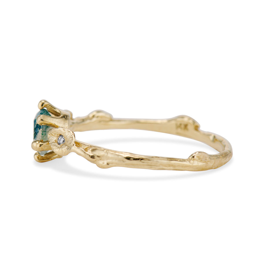 14K Yellow Gold Flora Moss Agate Solitaire Ring by Olivia Ewing Jewelry