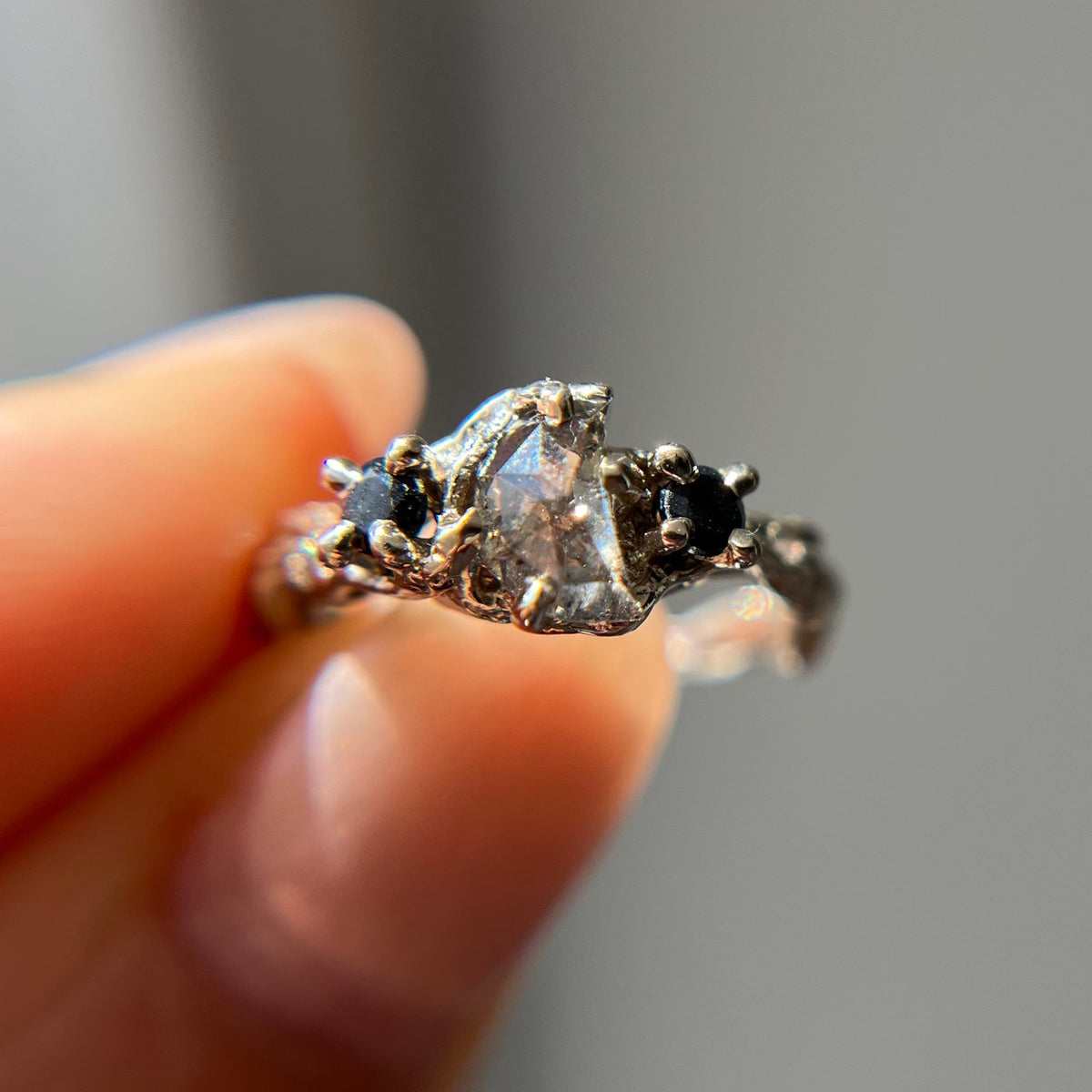 OOAK - Woodland Crescent Moon Three Stone Ring