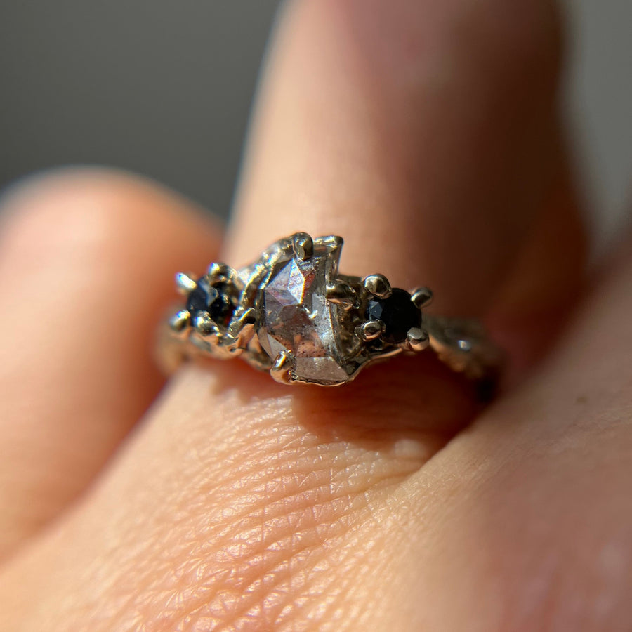 OOAK - Woodland Crescent Moon Three Stone Ring