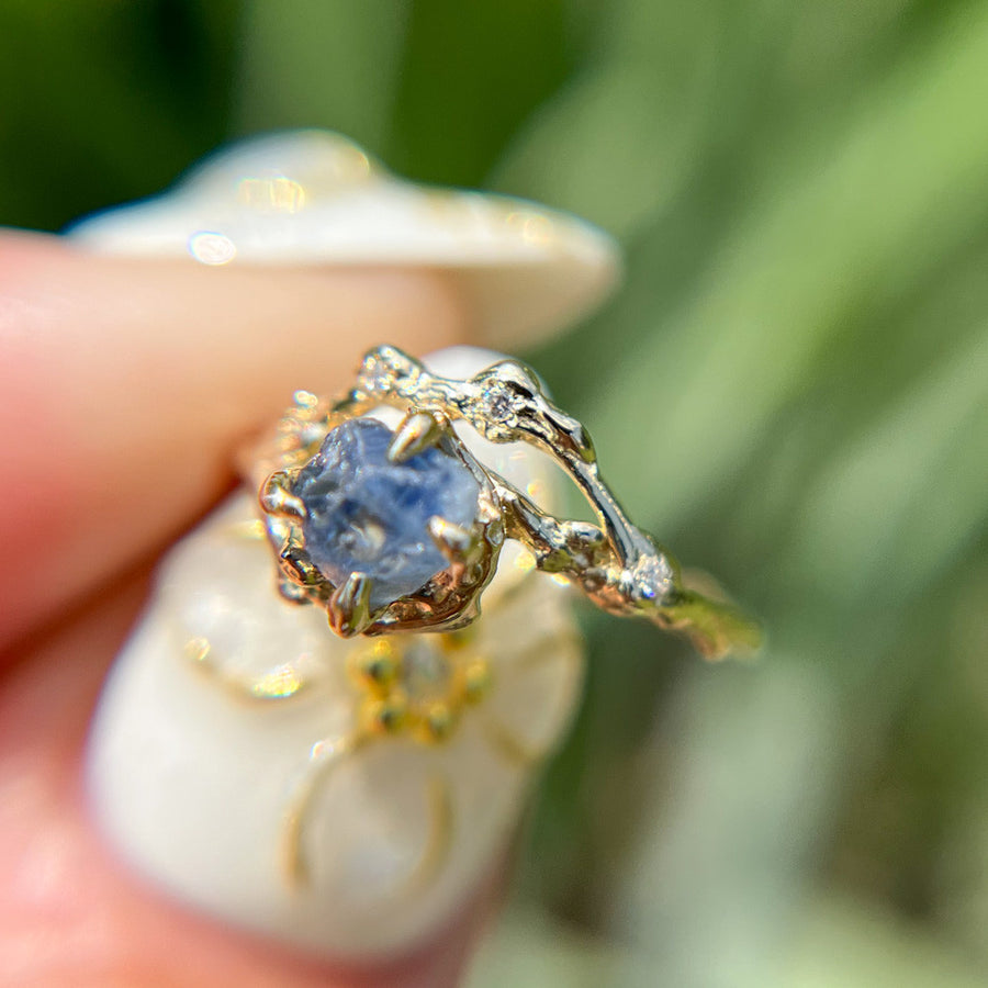 14K Yellow Gold Demi Naples Rough Montana Sapphire Half Halo Ring