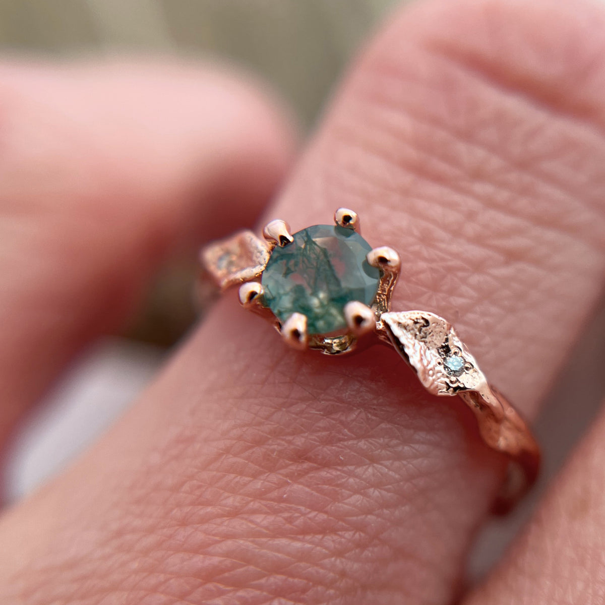 OOAK - Vienna Moss Agate Solitaire Ring with Pavé Diamonds