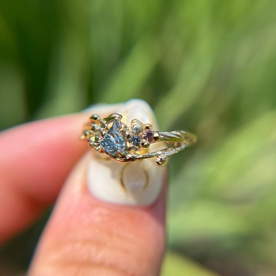 OOAK - Feyre Cluster Ring with a Light Blue Leaf Shaped Sapphire Deep Concave™ Cut by John Dyer