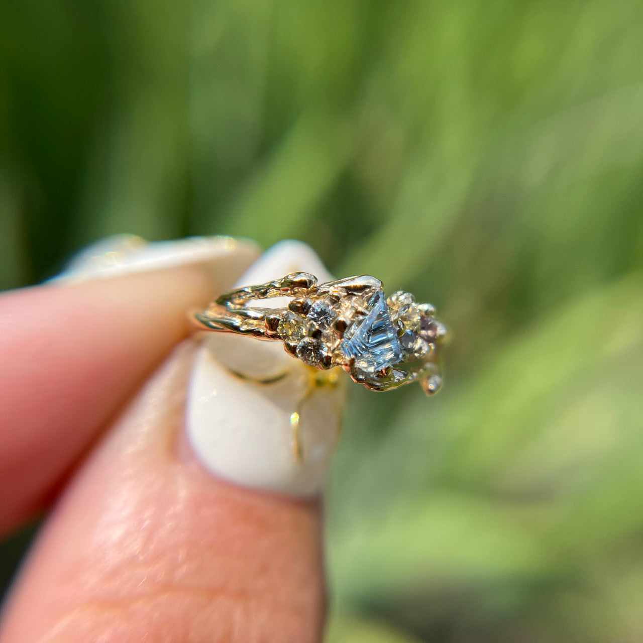 OOAK - Feyre Cluster Ring with a Light Blue Leaf Shaped Sapphire Deep Concave™ Cut by John Dyer