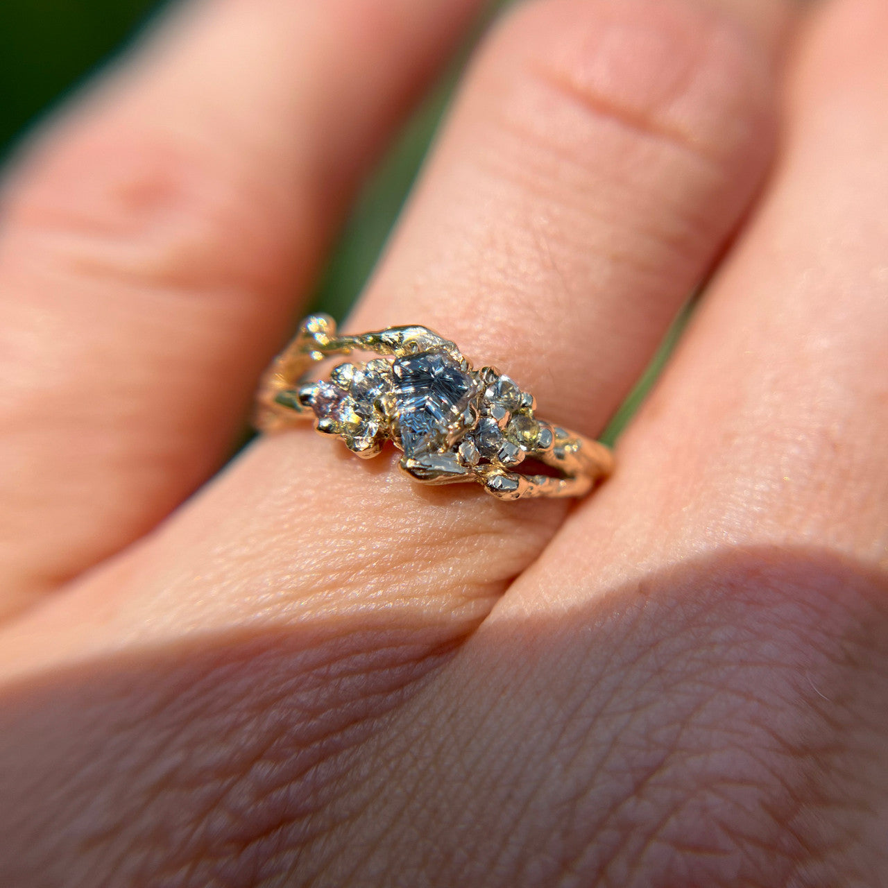 OOAK - Feyre Cluster Ring with a Light Blue Leaf Shaped Sapphire Deep Concave™ Cut by John Dyer