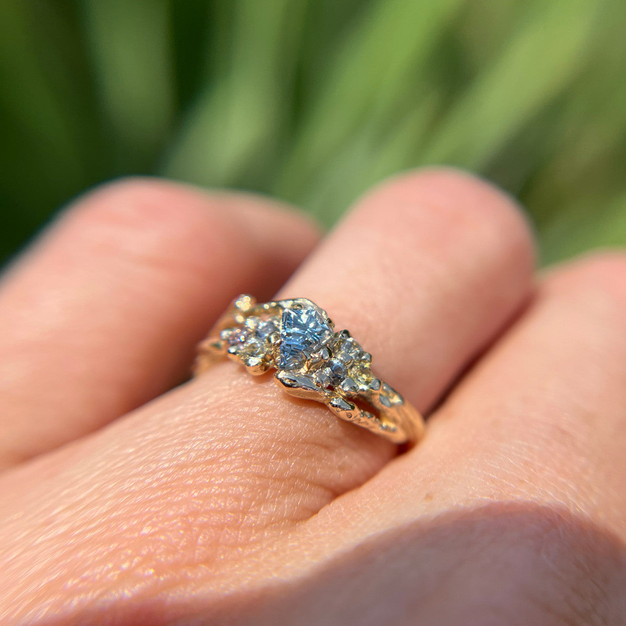 OOAK - Feyre Cluster Ring with a Light Blue Leaf Shaped Sapphire Deep Concave™ Cut by John Dyer