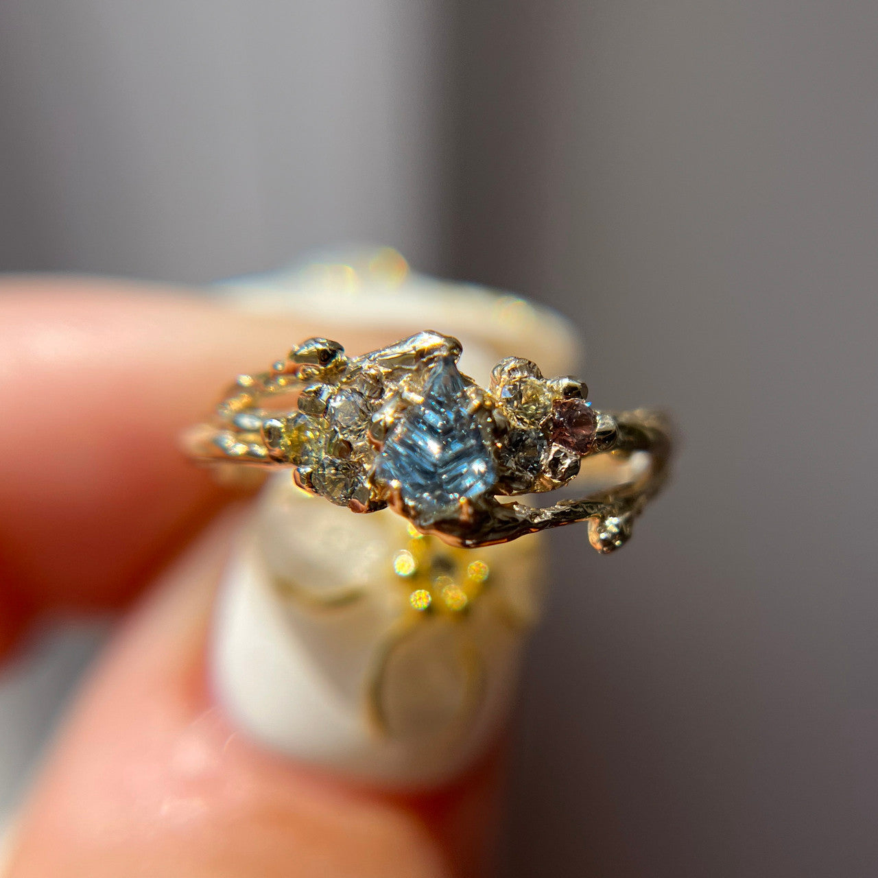 OOAK - Feyre Cluster Ring with a Light Blue Leaf Shaped Sapphire Deep Concave™ Cut by John Dyer