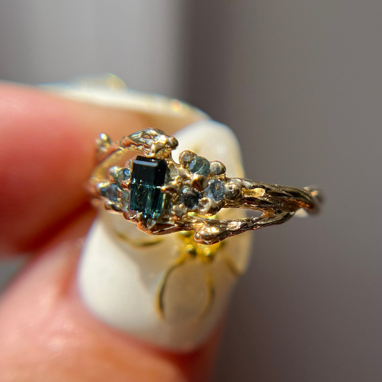OOAK - Feyre Cluster Ring with a Teal Australian Sapphire Starbrite™ Cut by John Dyer