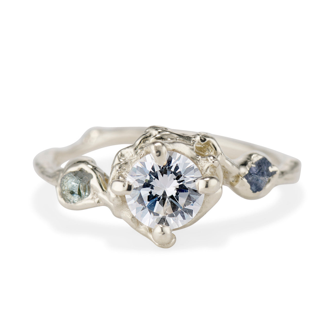 14K White Gold Naples Diamond & Rough Montana Sapphire Trio Ring by Olivia Ewing Jewelry