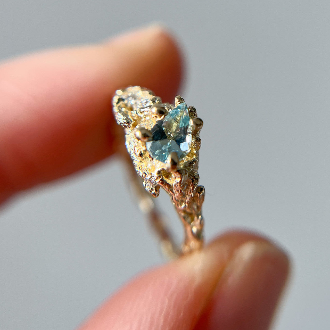 14K Yellow Gold Juniper Aquamarine Cluster Ring and Naples Diamond Contour Ring