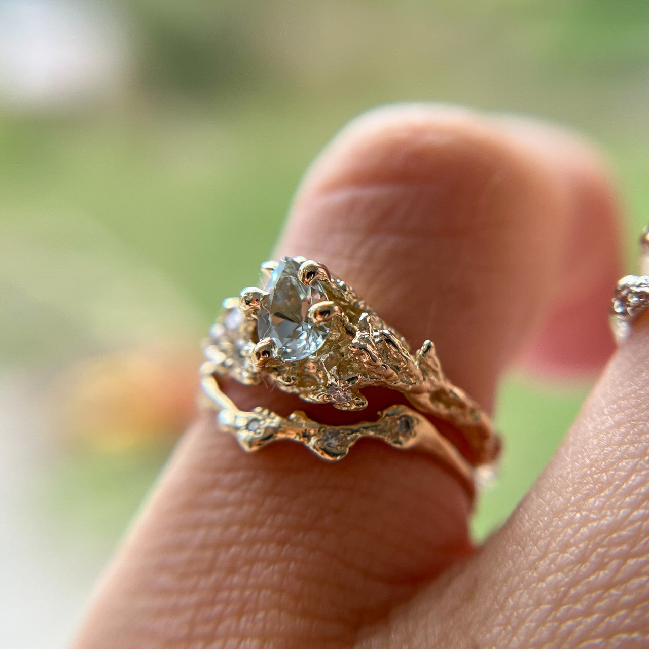 14K Yellow Gold Juniper Aquamarine Cluster Ring and Naples Diamond Contour Ring