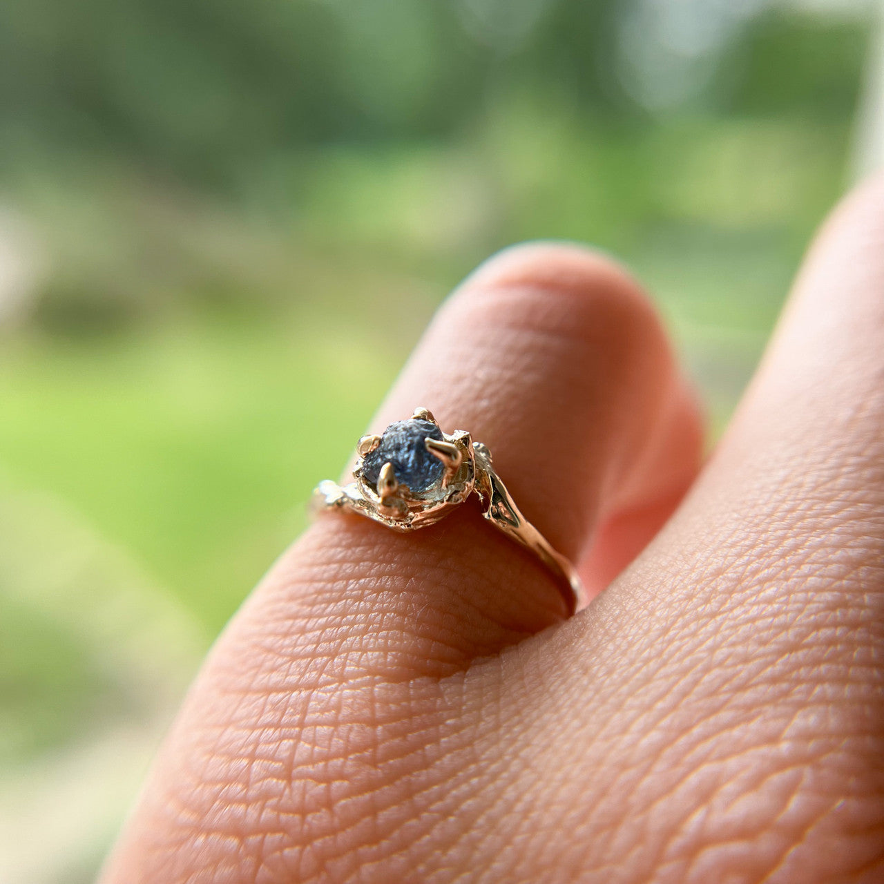 14K Yellow Gold Demi Naples Rough Montana Sapphire Solitaire Ring by Olivia Ewing Jewelry