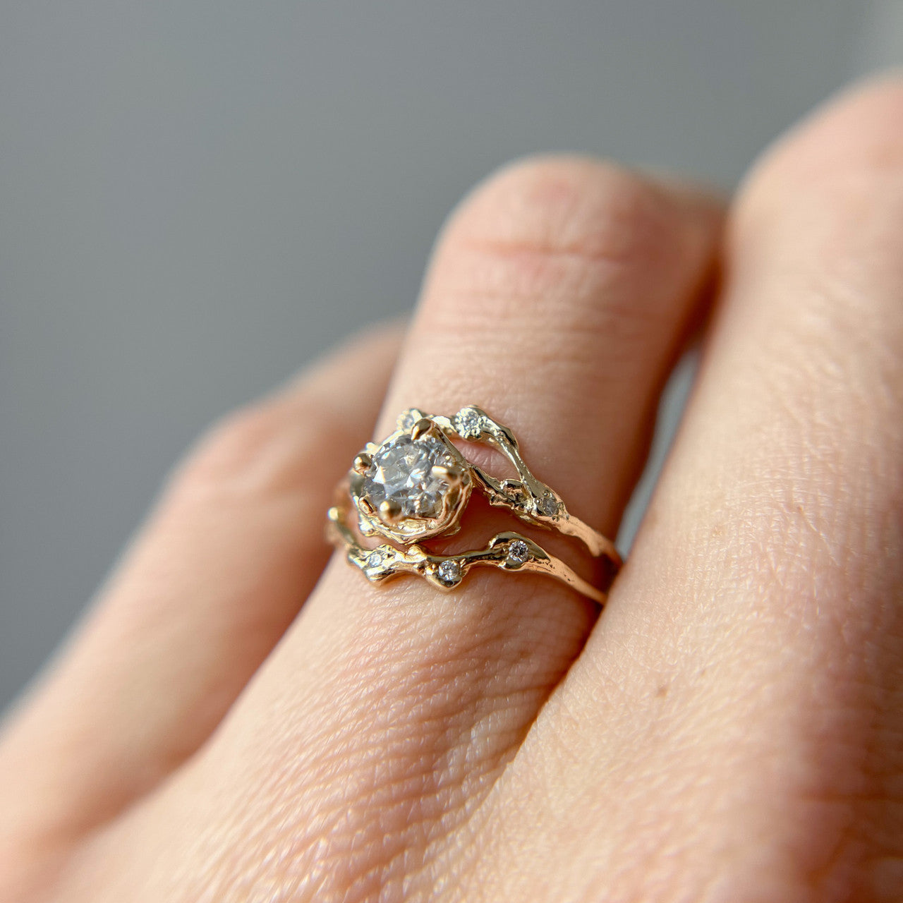 14K Yellow Gold Demi Naples Moissanite Half Halo Ring and Naples Diamond Contour Ring