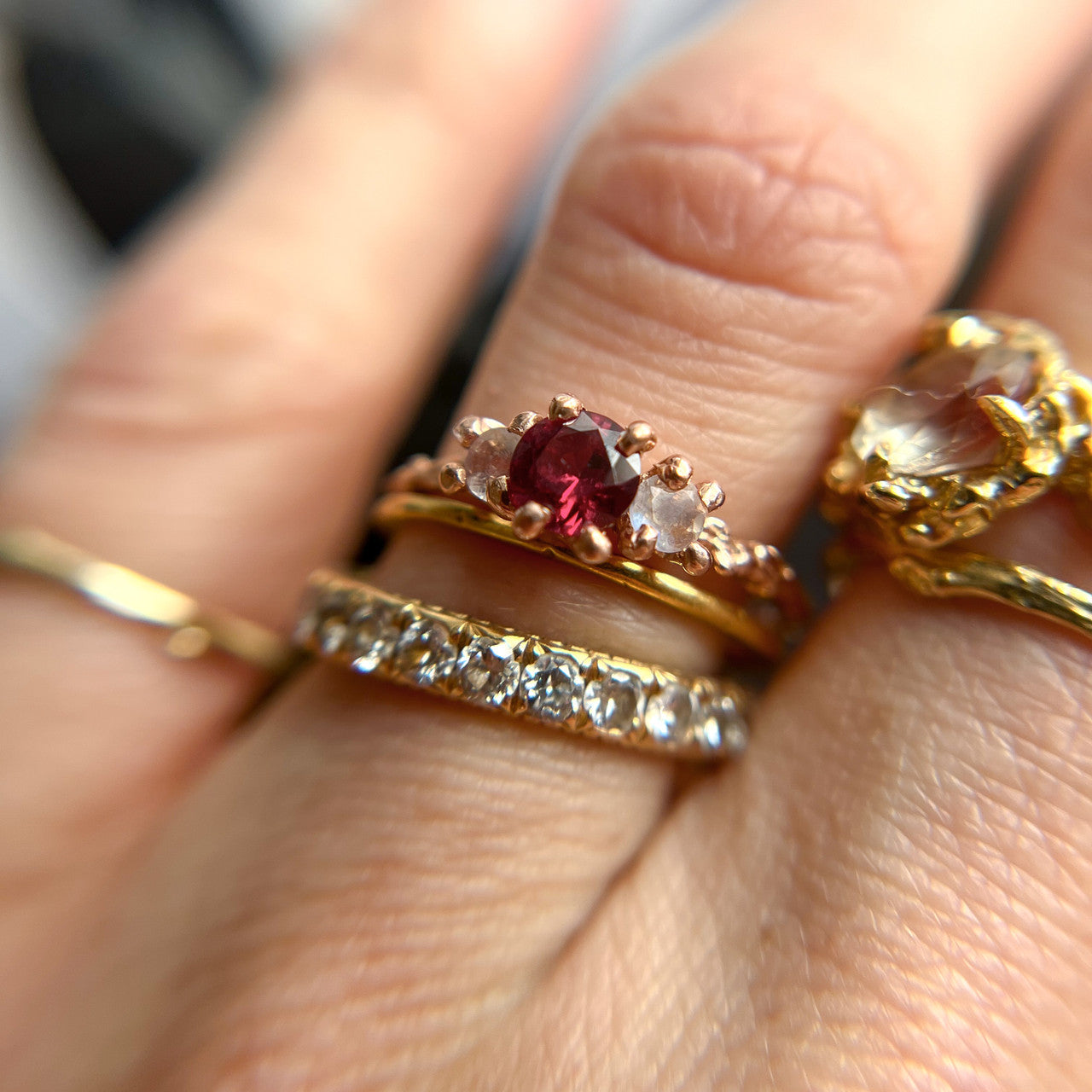 Naples Garnet and Moonstone Three Stone Ring - Ready To Ship