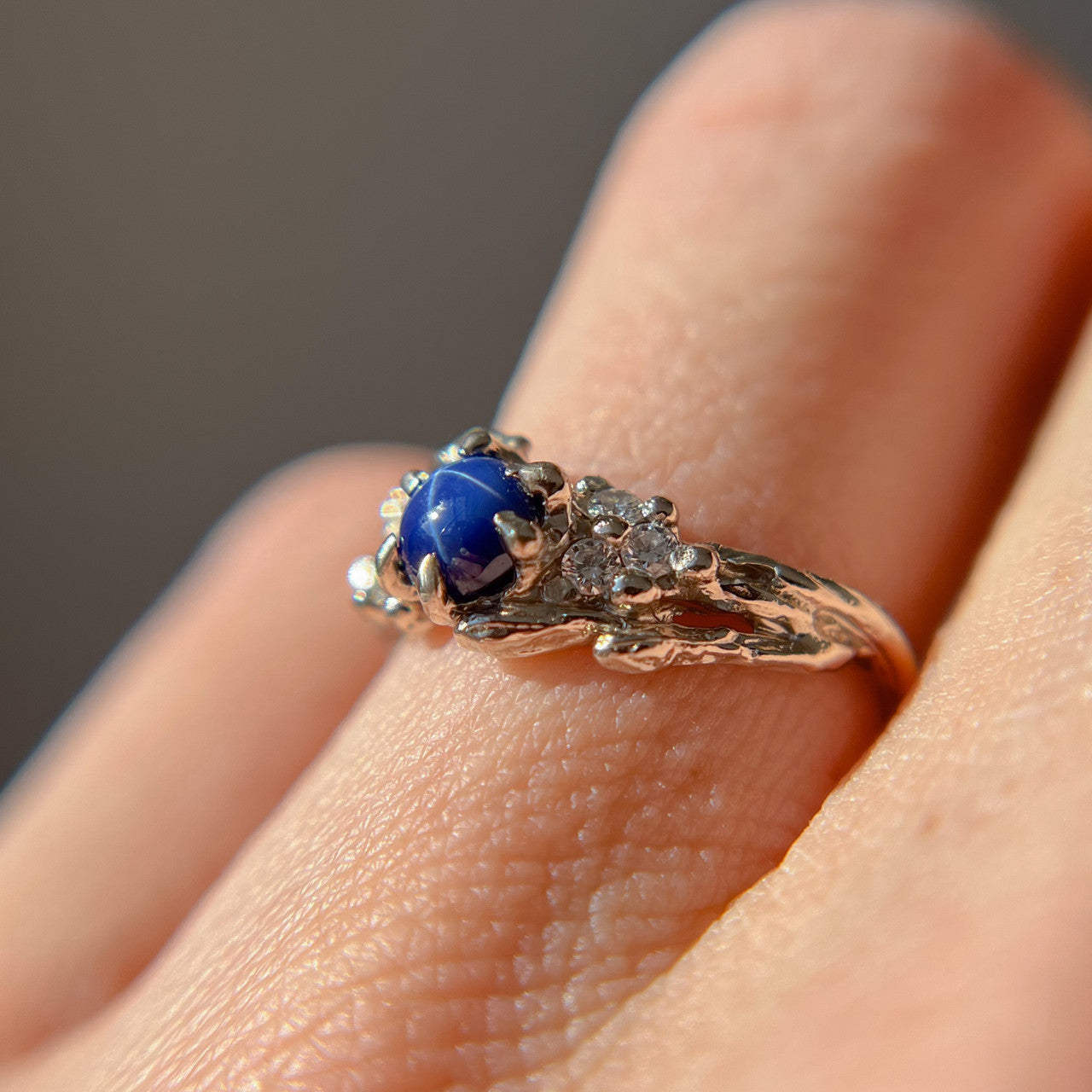 14K White Gold Feyre Star Sapphire Cluster Ring by Olivia Ewing Jewelry