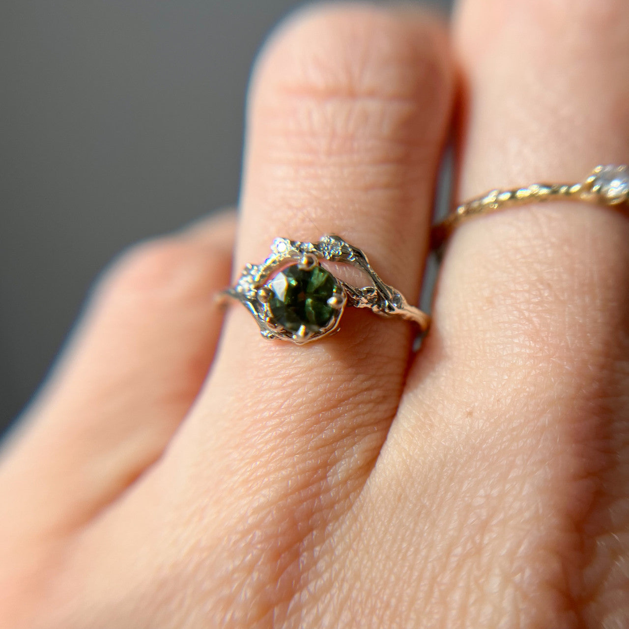 14K White Gold Demi Naples Green Sapphire Half Halo Ring