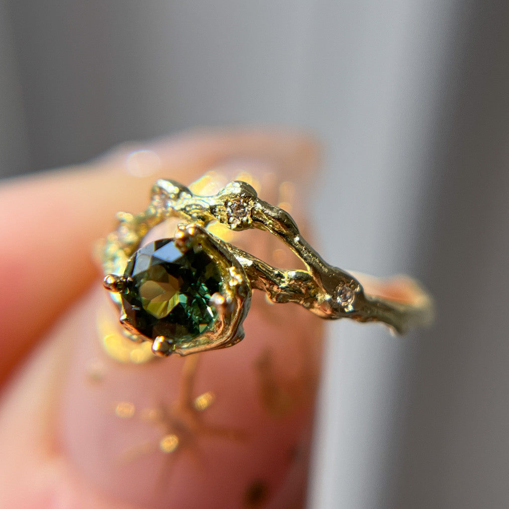14K Yellow Gold Demi Naples Green Sapphire Half Halo Ring