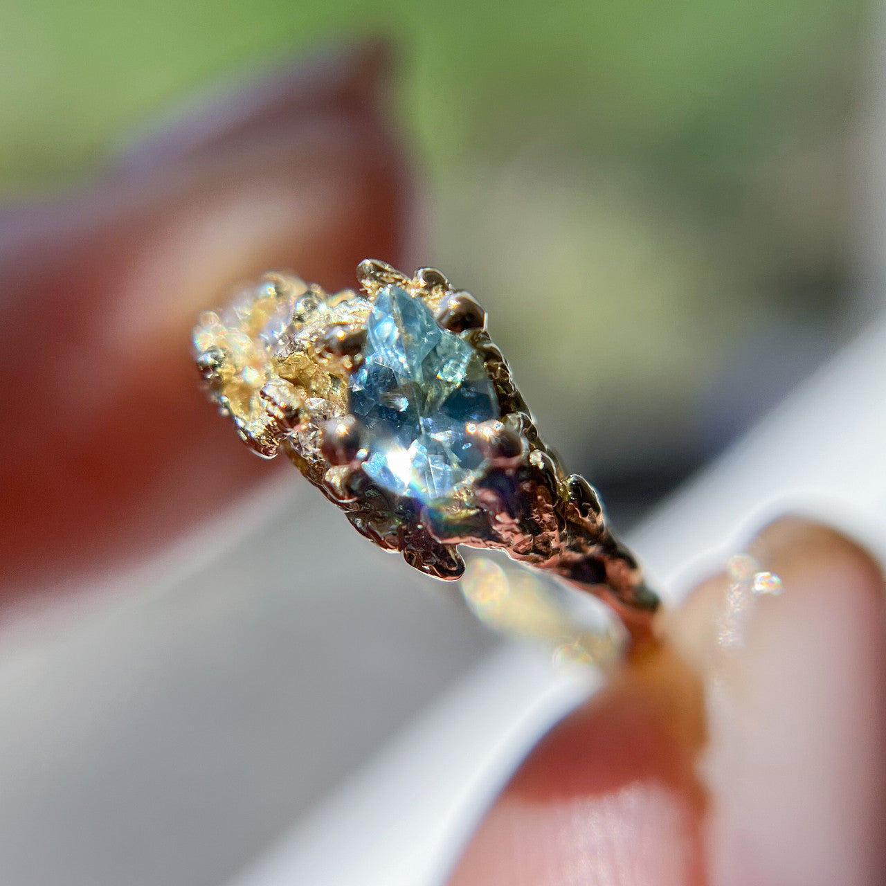 18K Yellow Gold Juniper Aquamarine & Diamond Cluster Ring