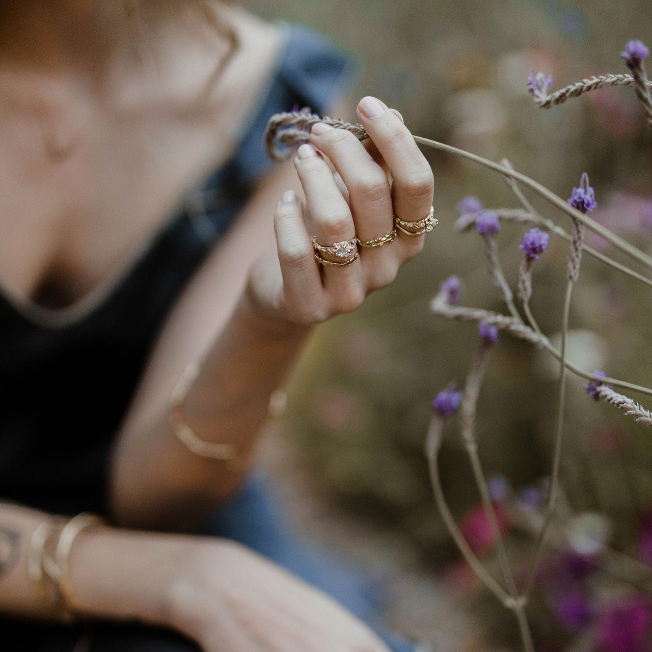 14K Yellow Gold Juniper Aquamarine & Diamond Cluster Ring by Olivia Ewing Jewelry