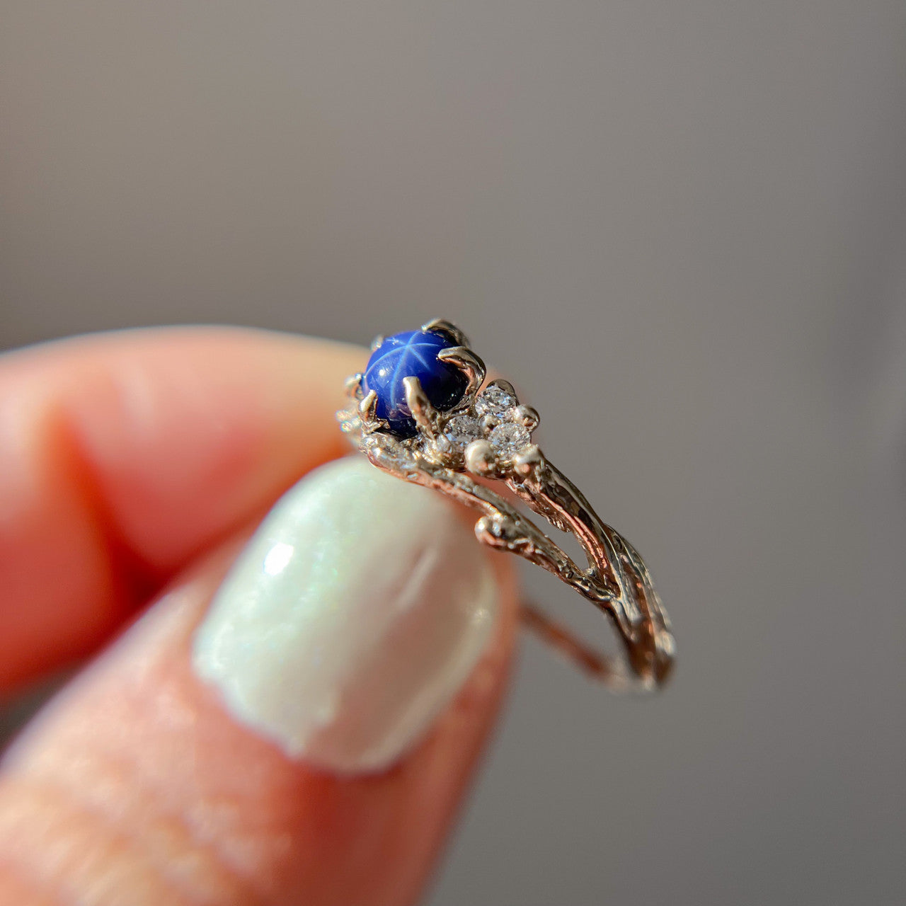 14K White Gold Feyre Star Sapphire Cluster Ring by Olivia Ewing Jewelry