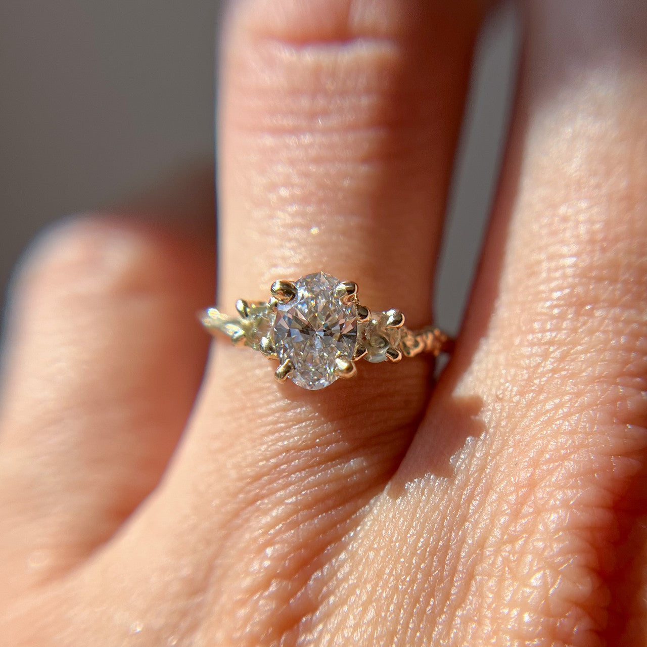 Naples Oval Diamond and Montana Sapphire Three Stone Ring