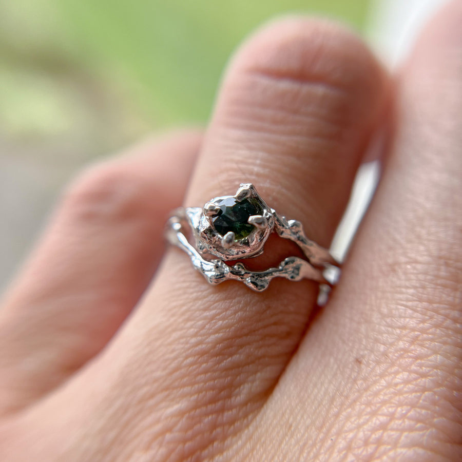 14K White Gold Petite Naples Green Sapphire Solitaire Ring by Olivia Ewing Jewelry