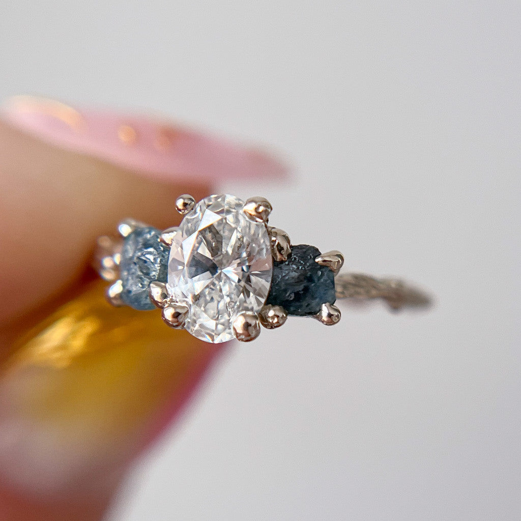 Naples Oval Diamond and Montana Sapphire Three Stone Ring