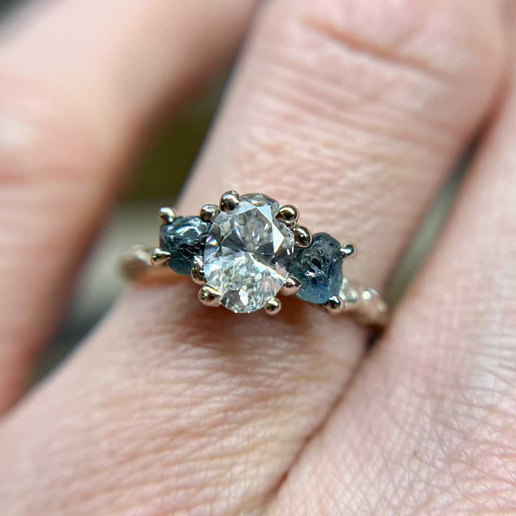 Naples Oval Diamond and Montana Sapphire Three Stone Ring