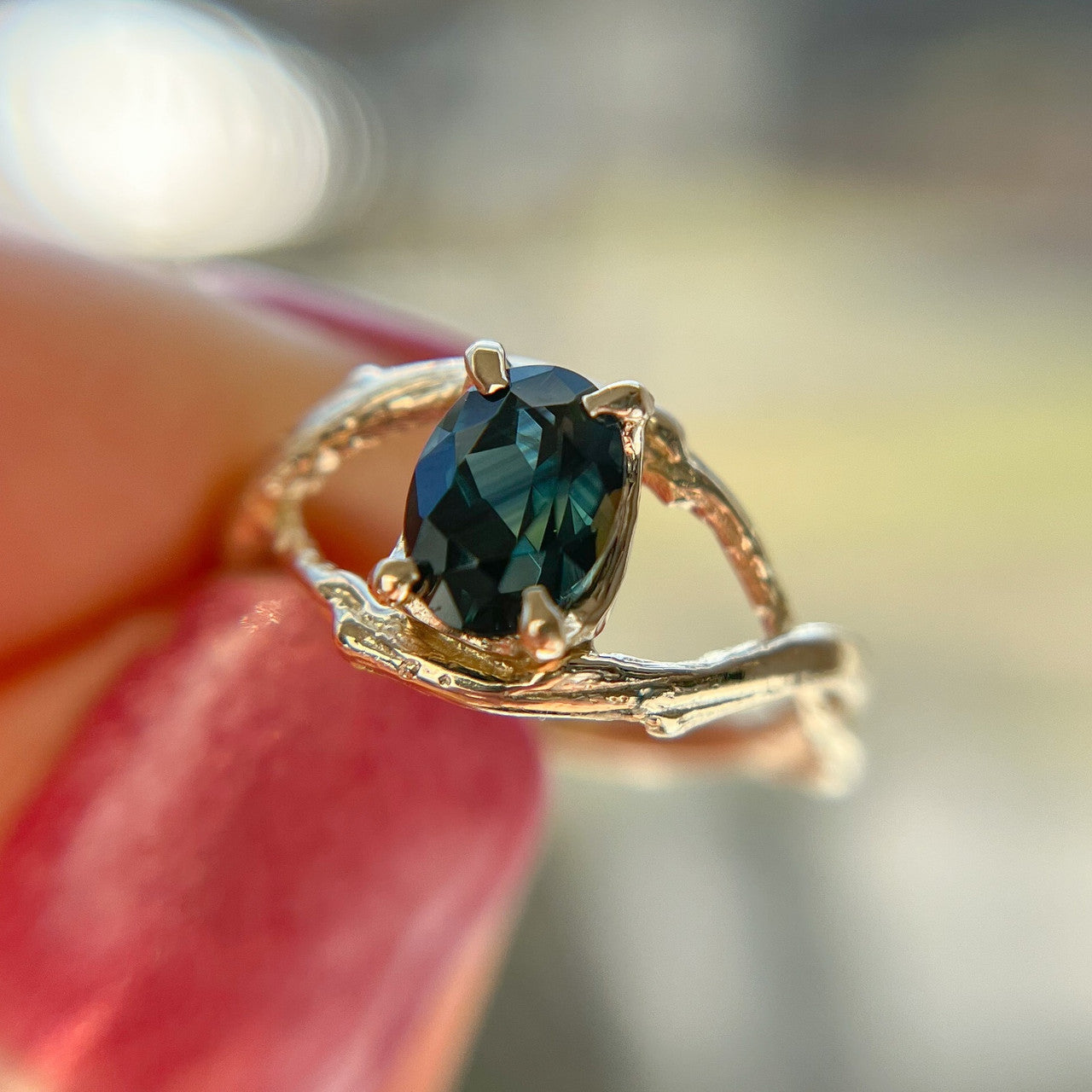 14K Yellow Gold Unity Oval Montana Sapphire Solitaire Ring by Olivia Ewing Jewelry