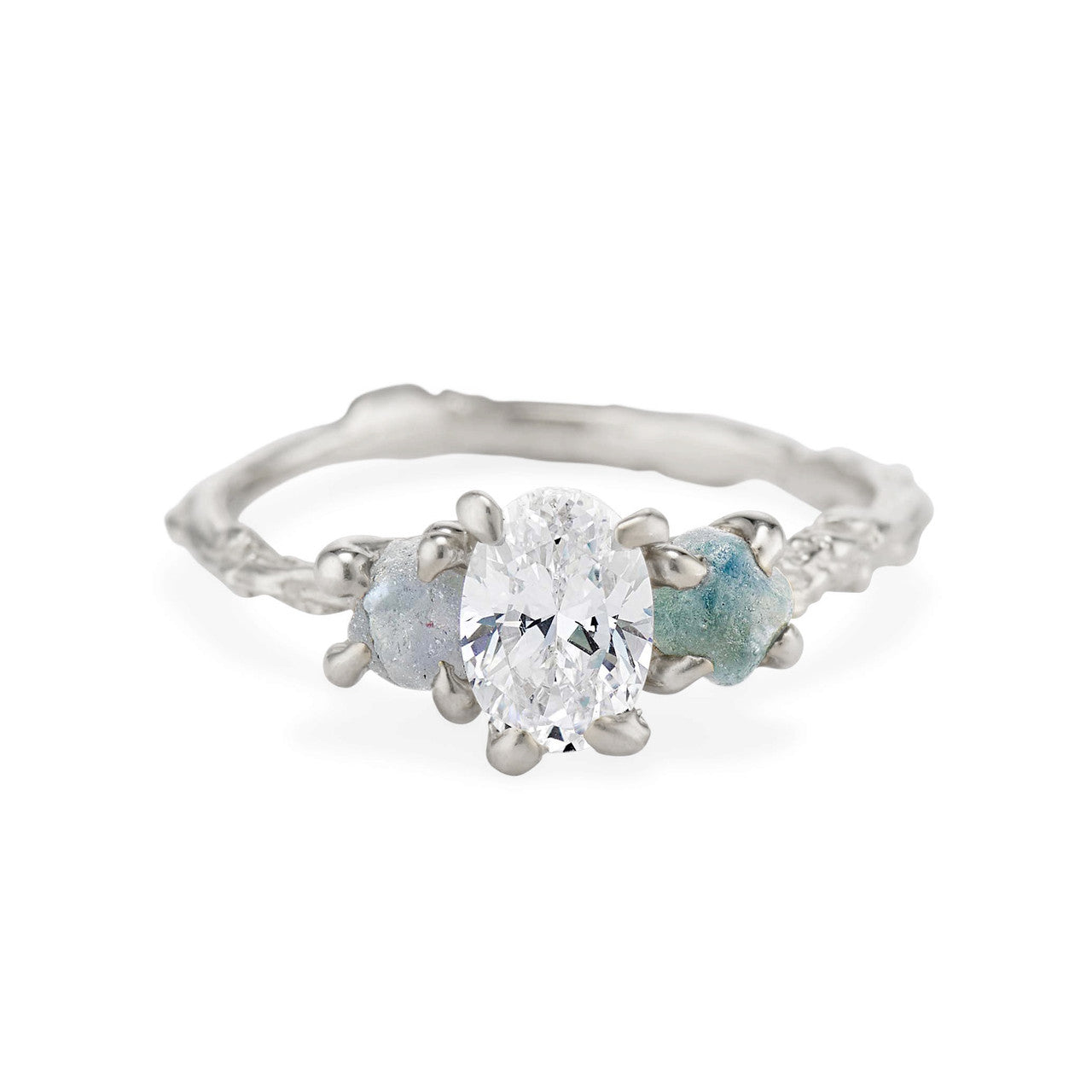 Naples Oval Diamond and Montana Sapphire Three Stone Ring