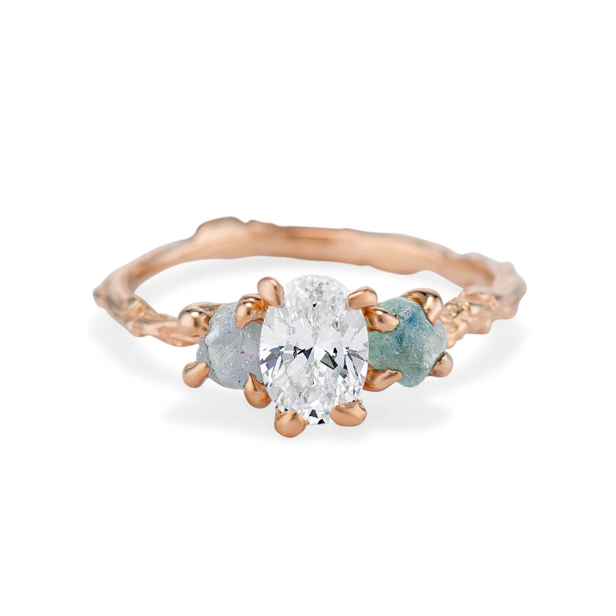 Naples Oval Diamond and Montana Sapphire Three Stone Ring