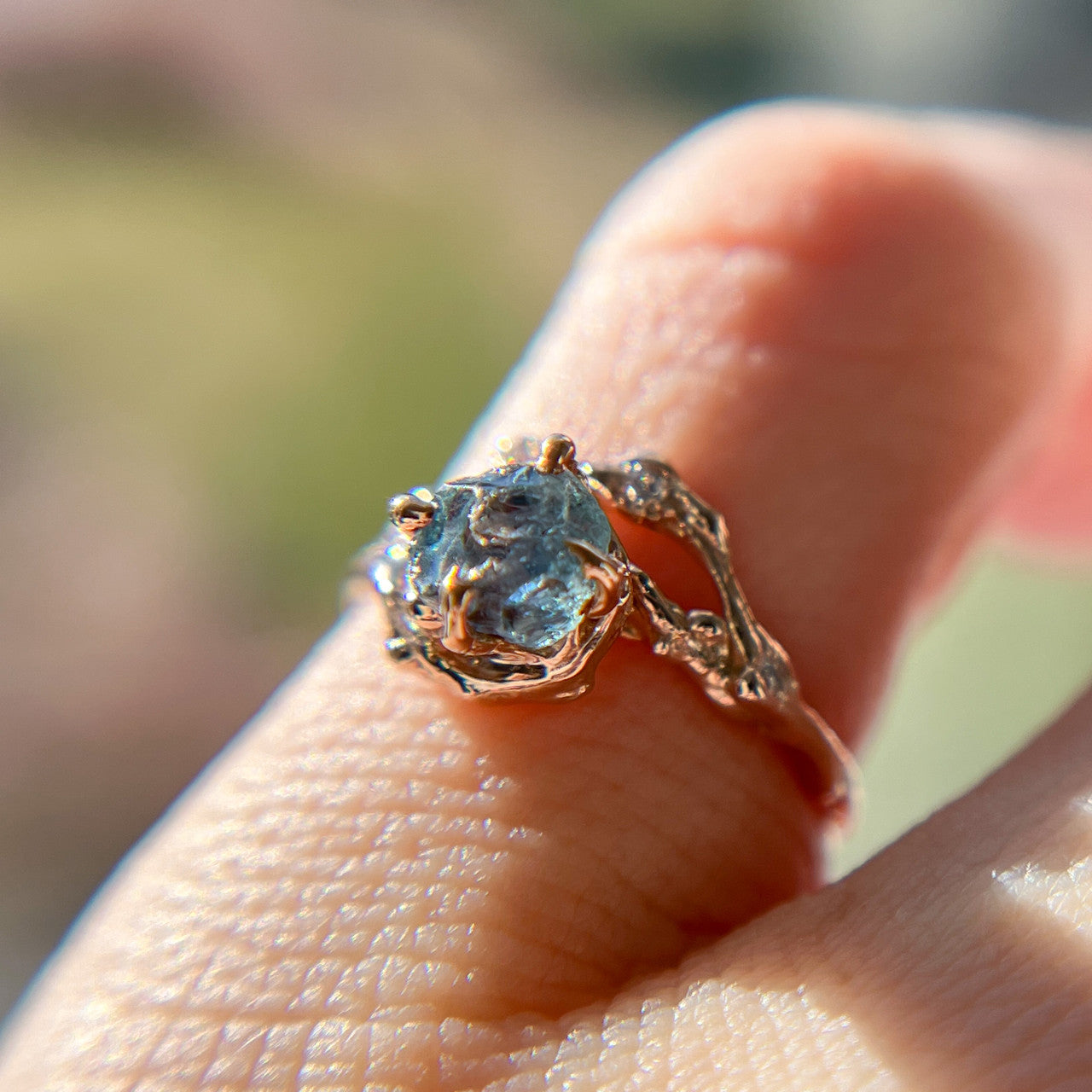 14K Rose Gold Demi Naples Rough Montana Sapphire Half Halo Ring