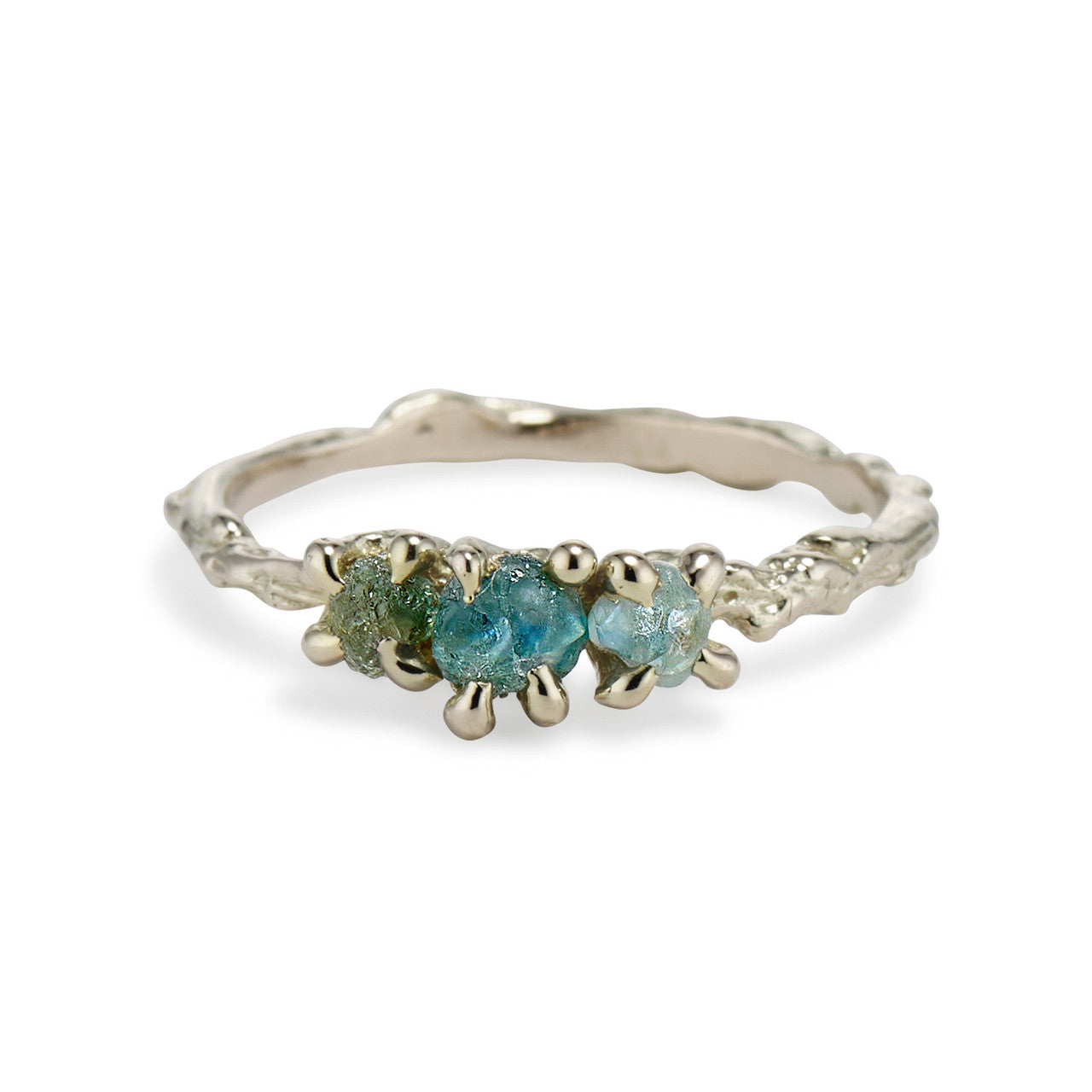 14K white gold rough teal and green sapphire engagement ring by Olivia Ewing Jewelry