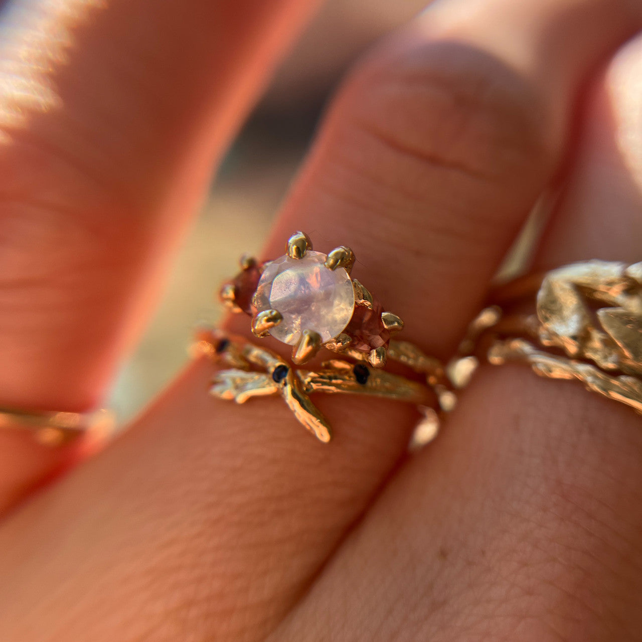 Naples Moonstone & Sunstone Three Stone Ring - Ready To Ship