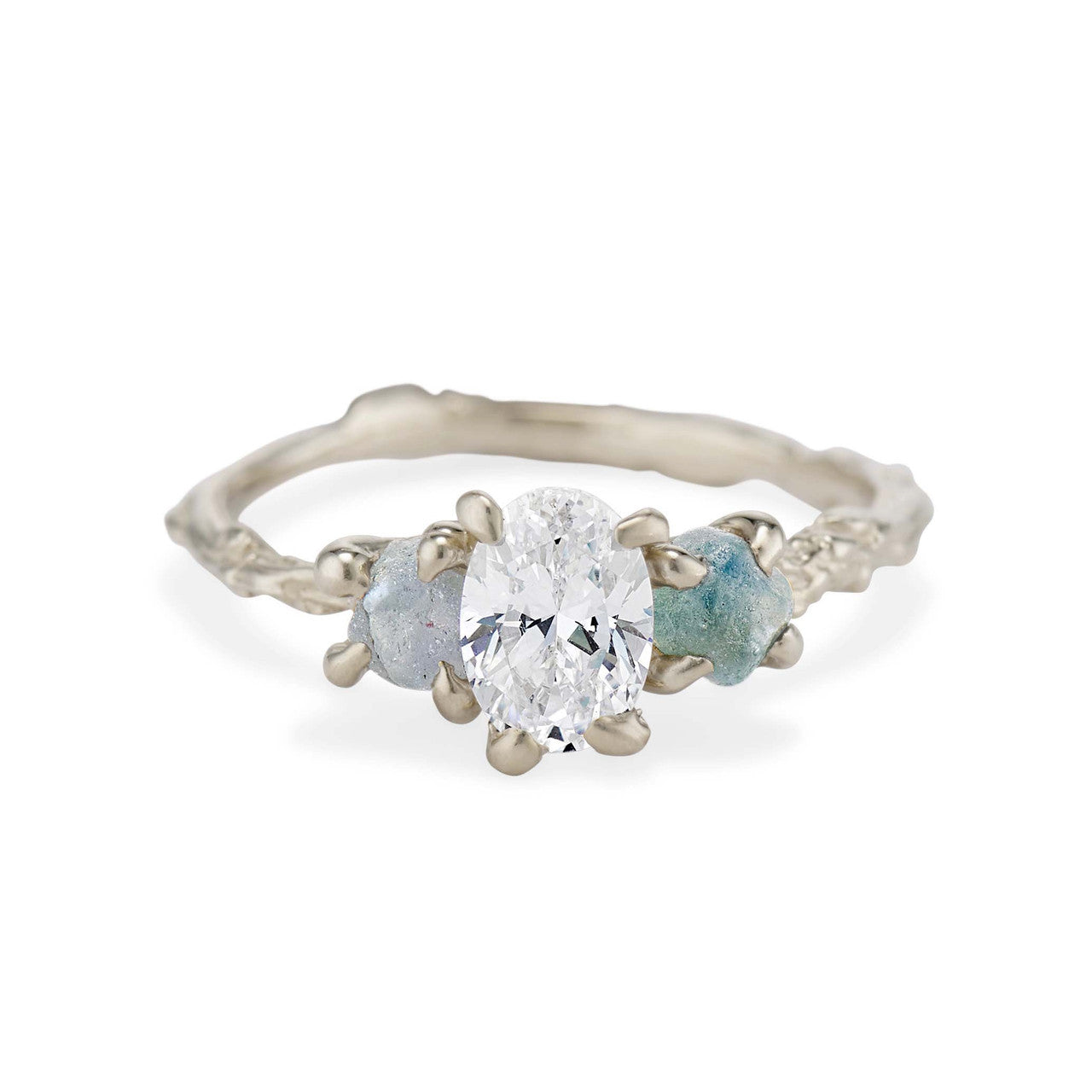 14K white gold oval diamond and rough Montana sapphire ring by Olivia Ewing Jewelry