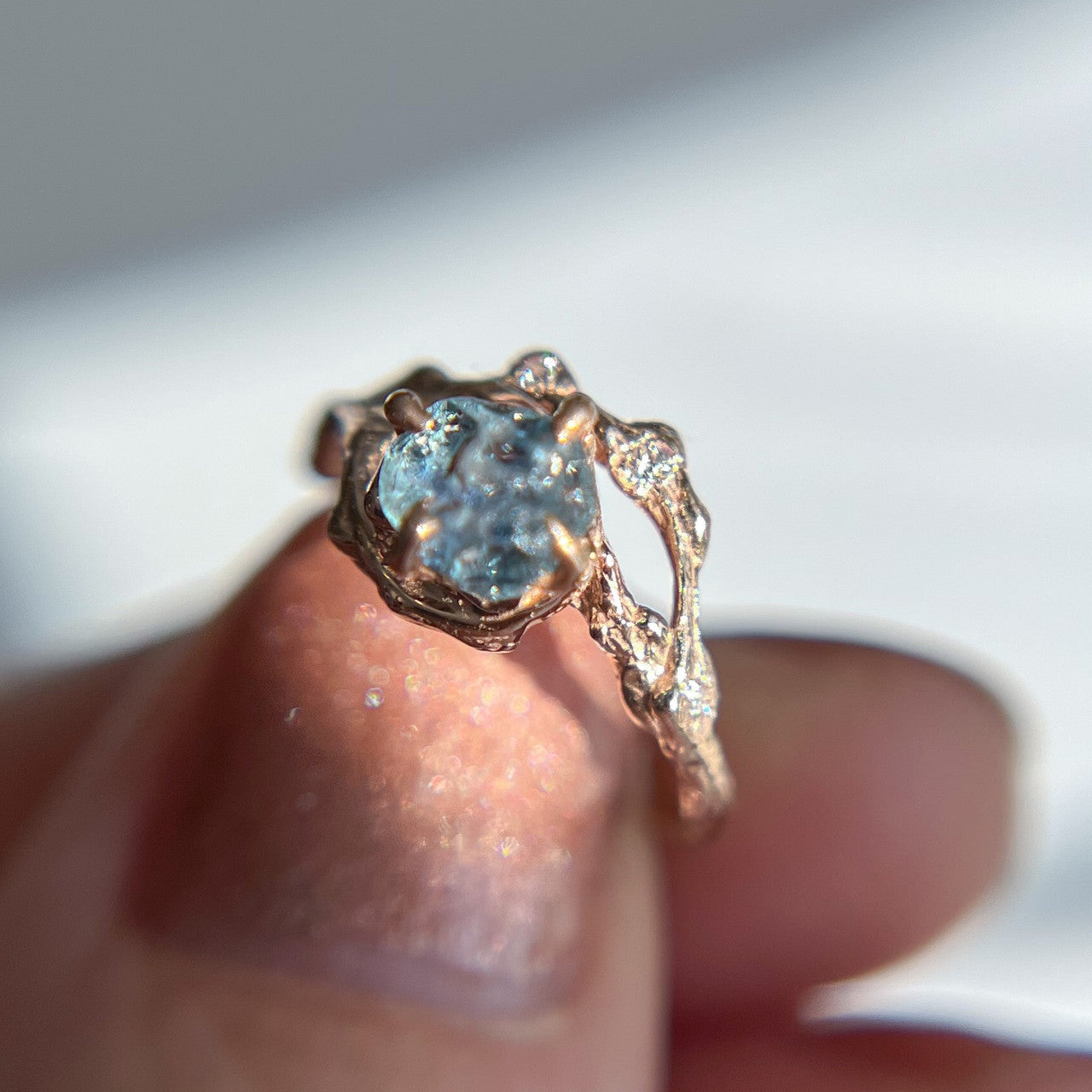 14K Rose Gold Demi Naples Rough Montana Sapphire Half Halo Ring