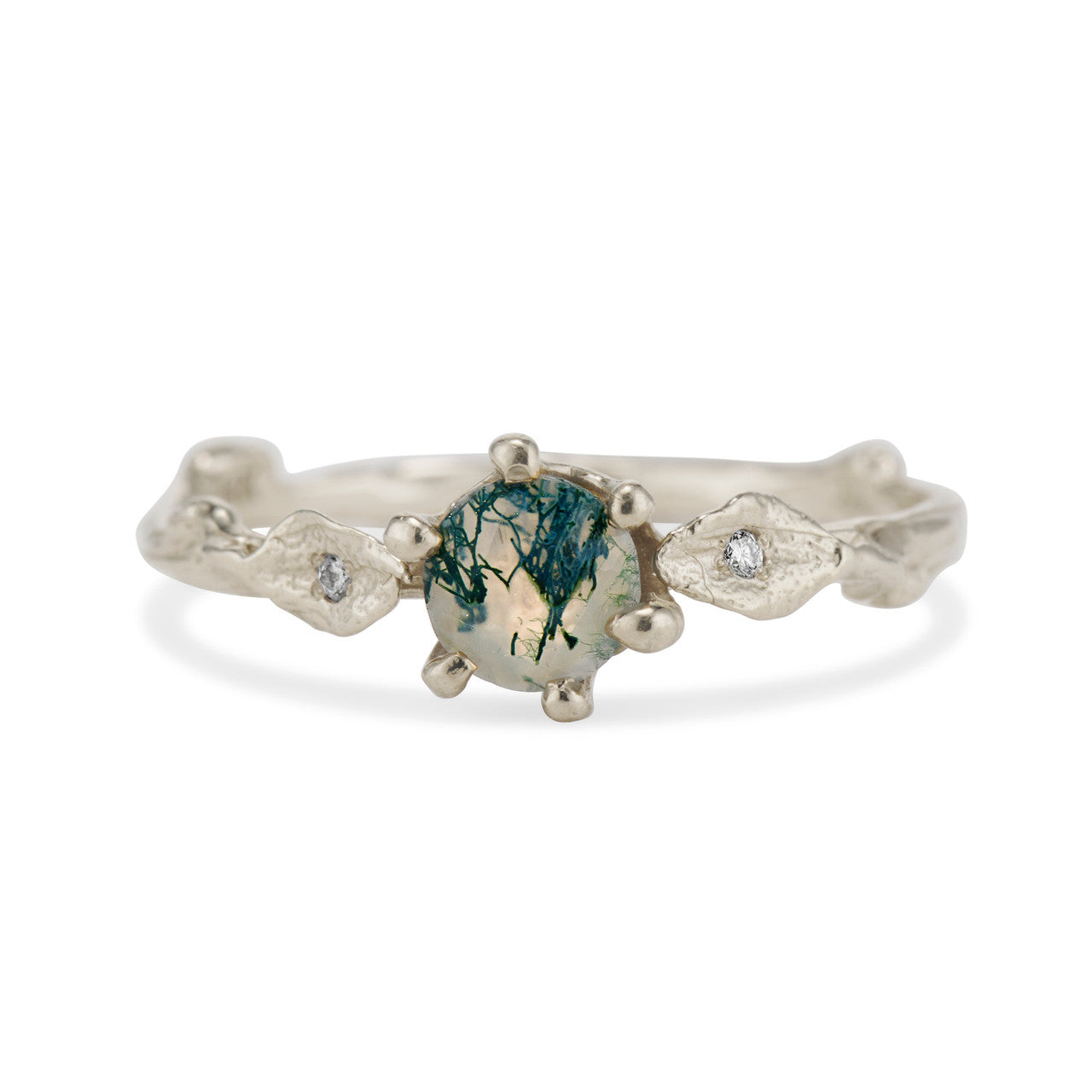 14K White Gold Flora Moss Agate Solitaire Ring by Olivia Ewing Jewelry