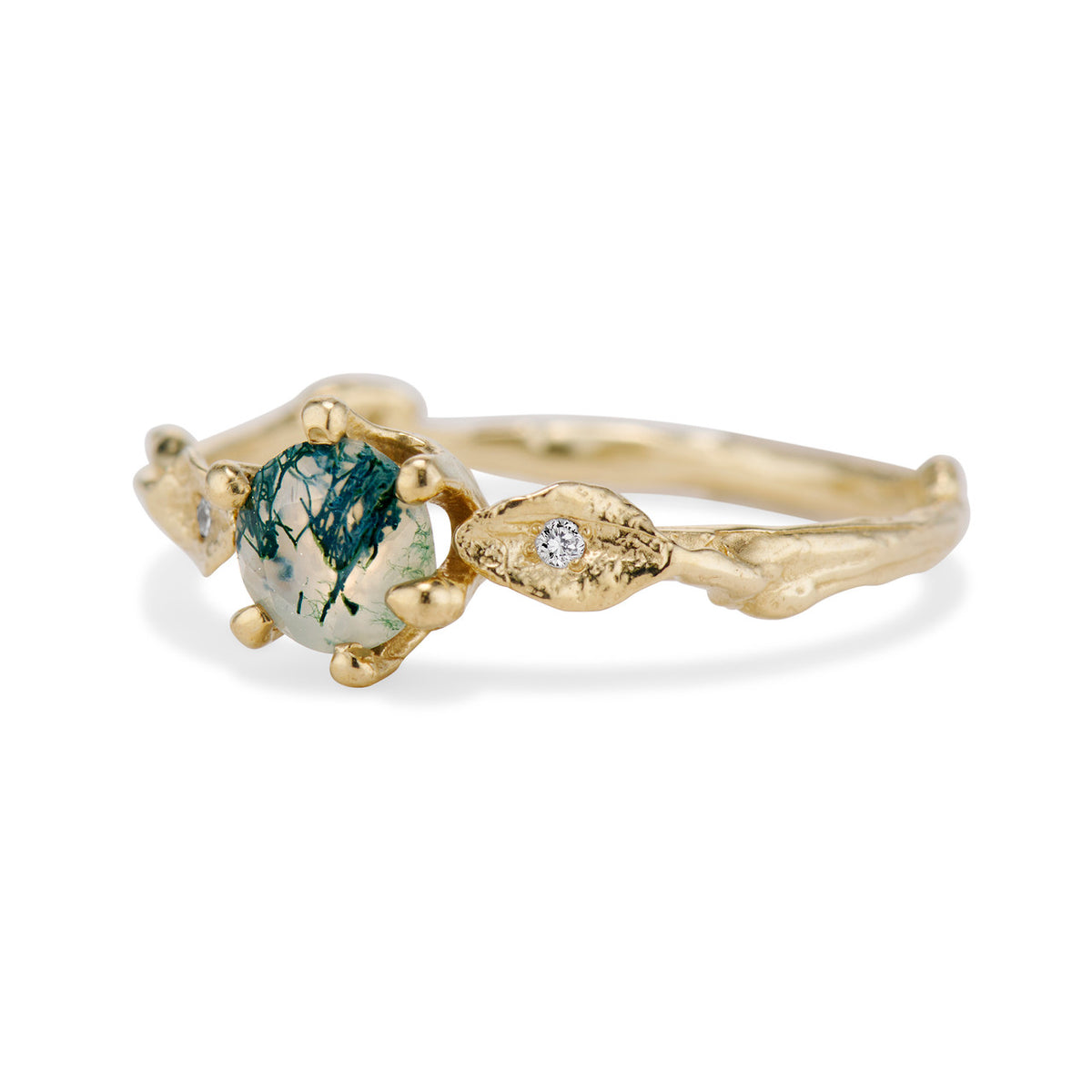 14K Yellow Gold Flora Moss Agate Solitaire Ring by Olivia Ewing Jewelry
