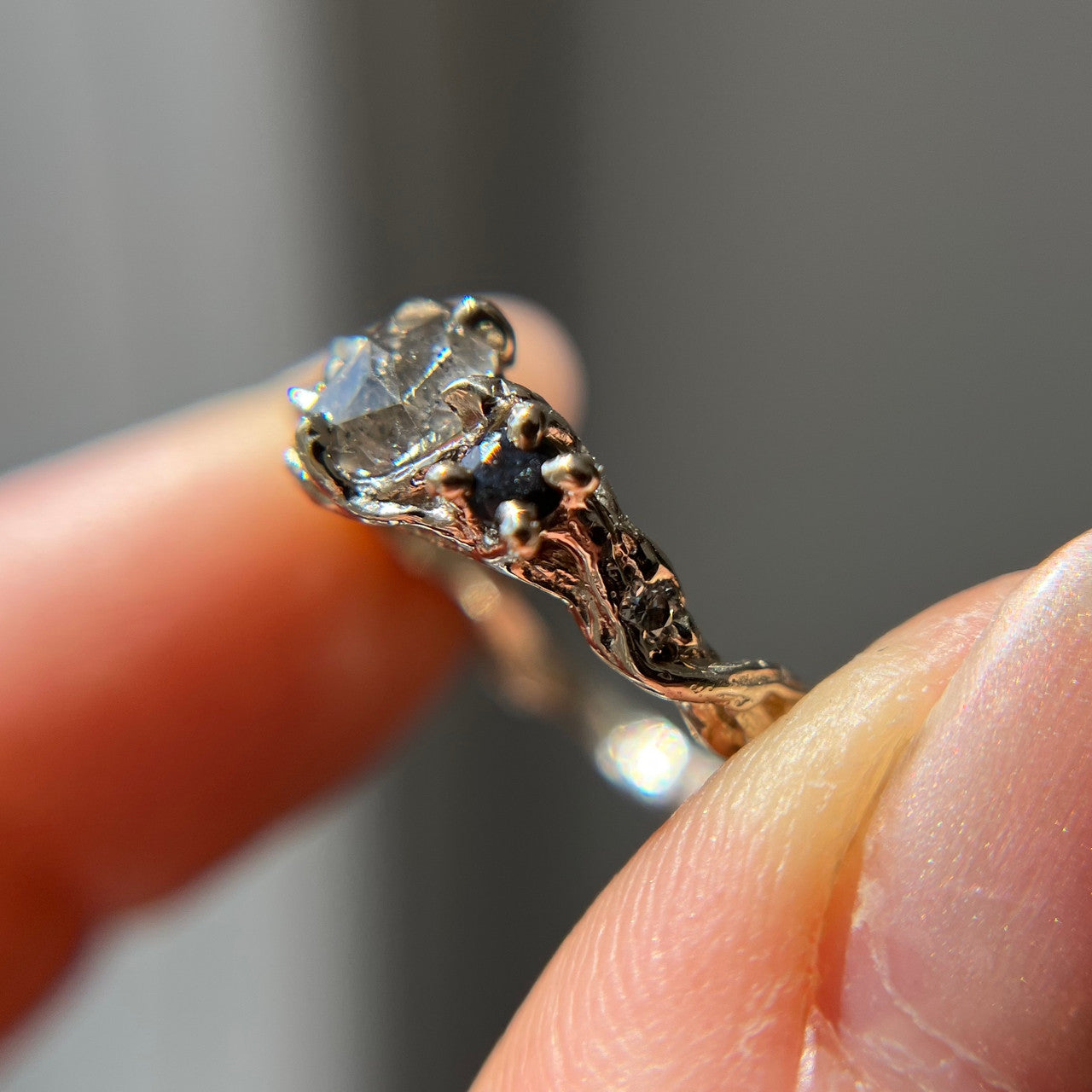 OOAK Woodland Crescent Moon Three Stone Ring
