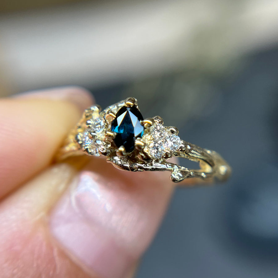 OOAK - Feyre Marquise Cut Teal Blue Sapphire Cluster Ring