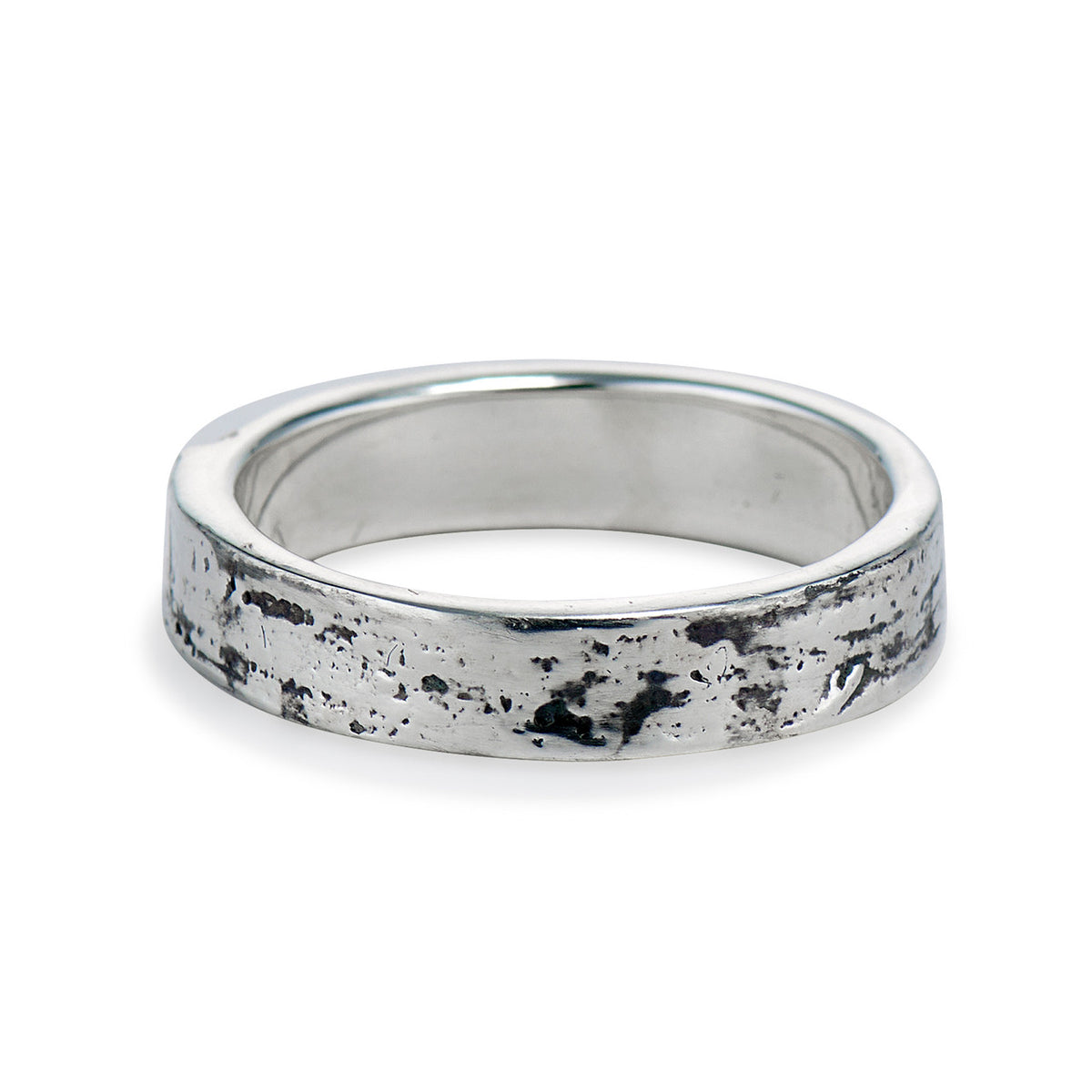 Men's silver wood wedding band by Olivia Ewing Jewelry