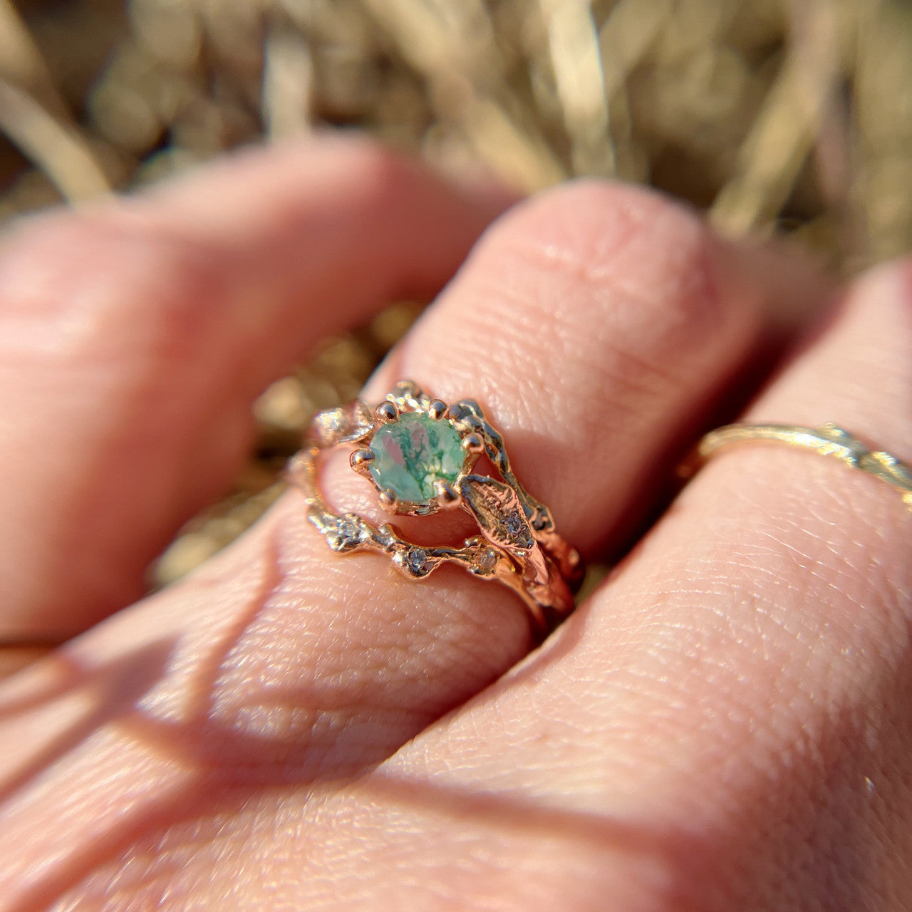 14K Rose Gold Flora Moss Agate Solitaire Ring and Naples Diamond Contour Ring