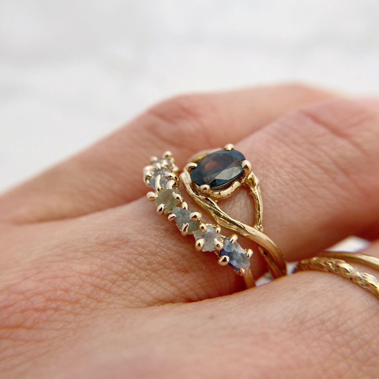 Sapphire Garland Ring with Unity Sapphire Ring by Olivia Ewing Jewelry