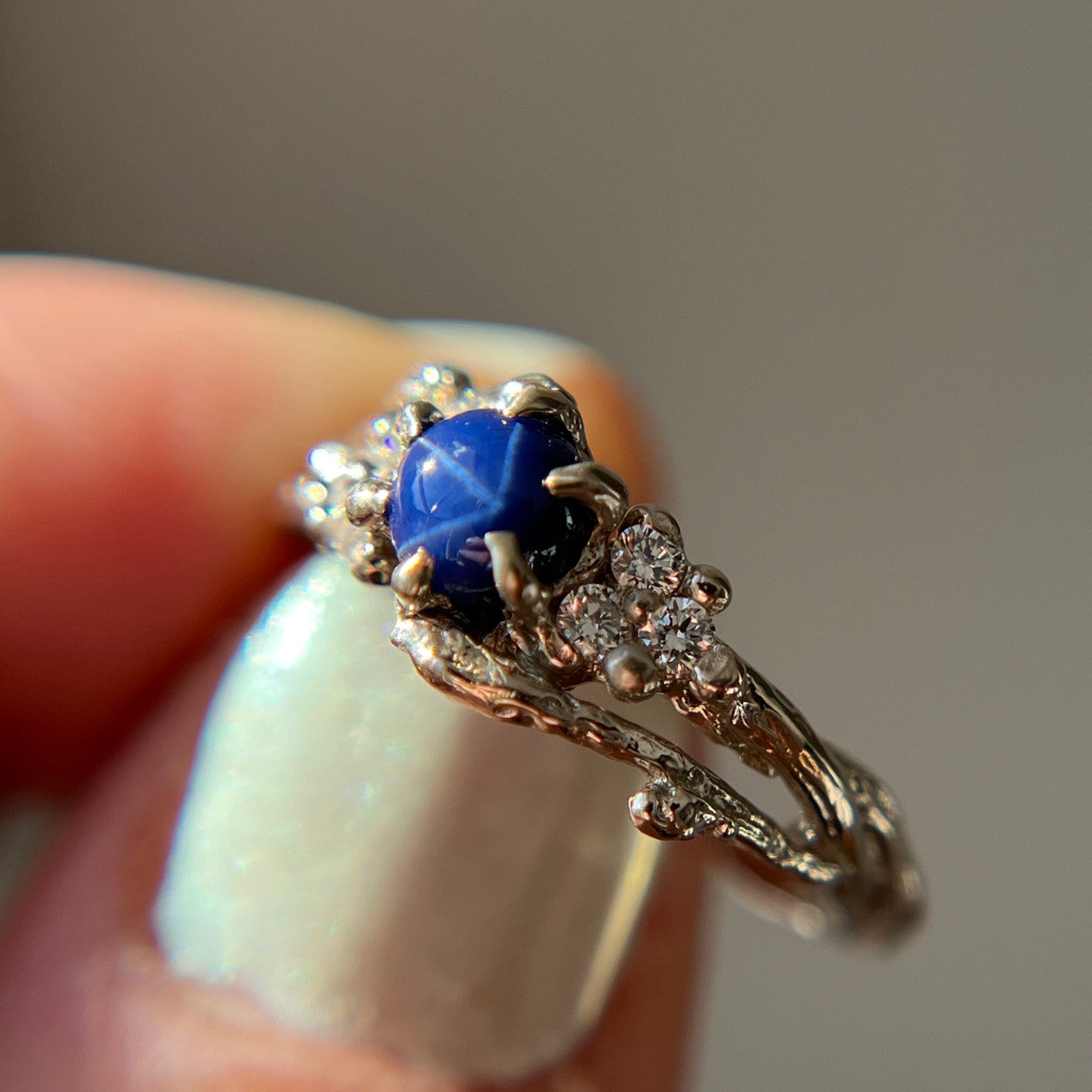 14K White Gold Feyre Star Sapphire Cluster Ring by Olivia Ewing Jewelry