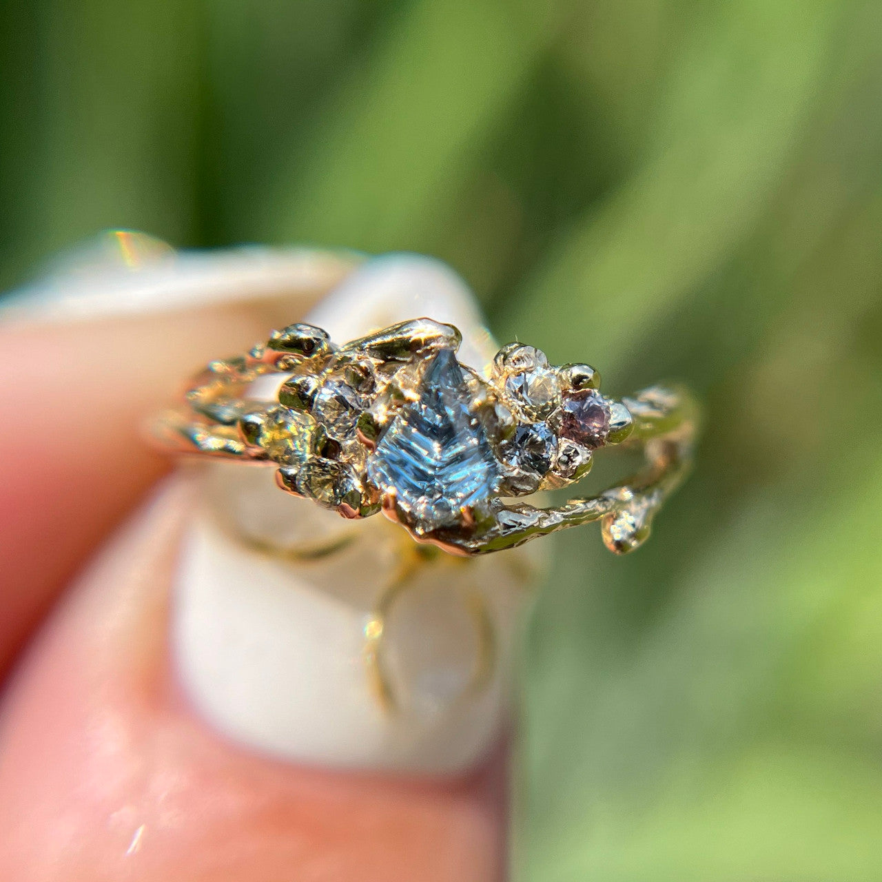 OOAK - Feyre Cluster Ring with a Light Blue Leaf Shaped Sapphire Deep Concave™ Cut by John Dyer
