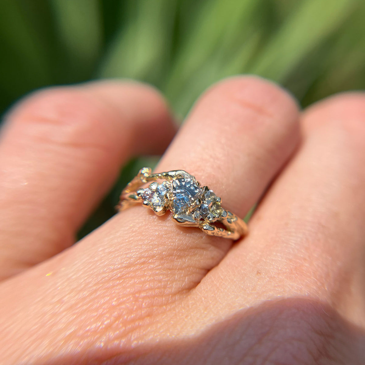 OOAK - Feyre Cluster Ring with a Light Blue Leaf Shaped Sapphire Deep Concave™ Cut by John Dyer